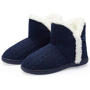 Women's Winter Warm Fluffy Fur Lined Plush Bootie Slippers Dark Blue White Shoes